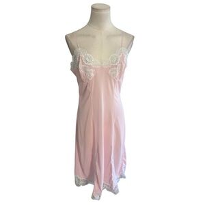 VINTAGE Pink Lace Trim Slip Dress Midi Sleep Chemise Slit Floral 44 M S Intimate